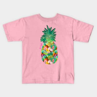 tropical pineapple exotic botanical illustration with floral tropical fruits, yellow fruit pattern over a Kids T-Shirt